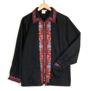 VTG BLAINE TRUMP Embroidered Jacket Women's Sz S Black Twill Boho Pockets Zip Up